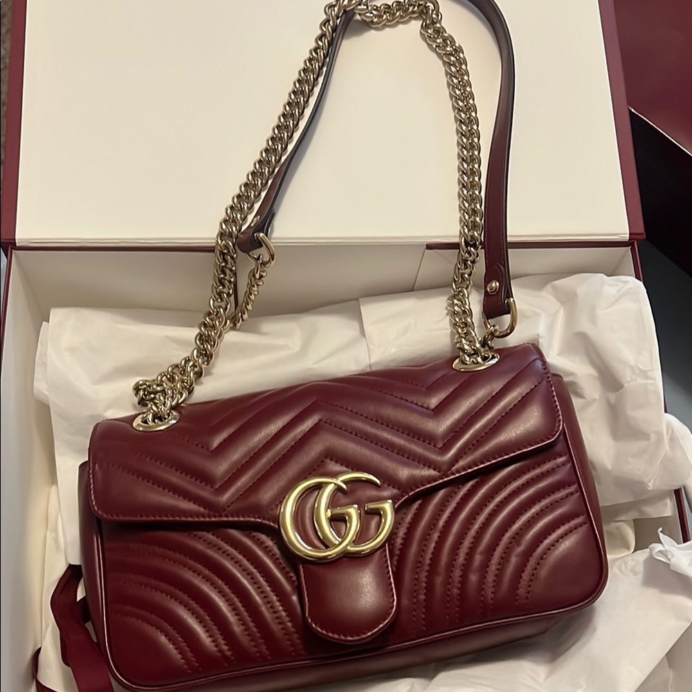 Gucci Red Crossbody Bag with Chevron Quilting and Gold Hardware